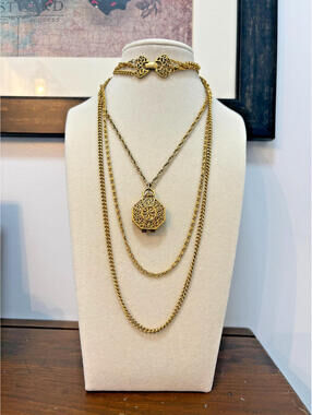 Vintage Goldette Triple Chain Ornate Hexagon Gold Tone Snap Locket Necklace